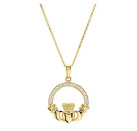 14kt Yellow Gold 0.10ct Lab Diamond Claddagh Pendant & Chain