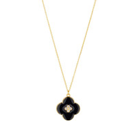 9kt Yellow Gold Black Enamel Flower 4 CZ Centre Pendant & Chain