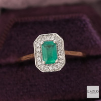 Andre Michael 9kt Yellow Gold Emerald Cut Emerald & Diamond Halo Ring 2