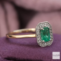 Andre Michael 9kt Yellow Gold Emerald Cut Emerald & Diamond Halo Ring 3