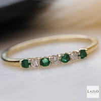 Amore 9kt Yellow Gold Dainty 7 Stone Claw Set Emerald & Diamond Ring