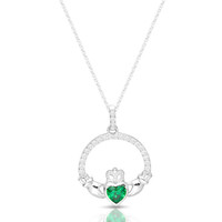 Silver Claddagh Faux Emerald CZ Pendant & Chain 1