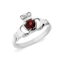 White Gold Garnet Stone Claddagh Ring
