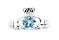 White Gold Swiss Blue Stone Claddagh Ring 2