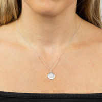 Sterling Silver Patterned CZ Stone Pendant & Chain on Model Front Shot Sterling Silver Patterned CZ Stone Pendant & Chain on Model Front Shot