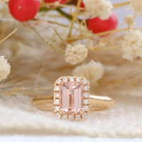 18kt Rose Gold Emerald Cut 0.93ct Morganite Ring & 0.16ct Diamond Surround Ring 2