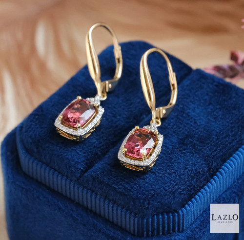 18kt Yellow Gold Rubellite & Diamond Drop Octagon Shape Halo Earrings 1