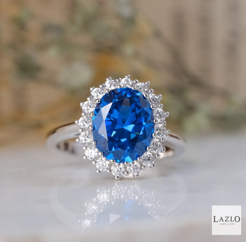 Sterling Silver Large Sapphire Blue Colour 'Lady Diana' Style Cluster Ring 1