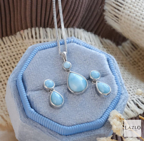 Sterling Silver Round & Teardrop Shape Larimar Drop Earrings & Necklace Set 1