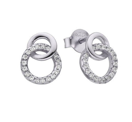 Kilkenny Silver Interlocking Smaller Plain & Larger CZ Set Circle Earrings