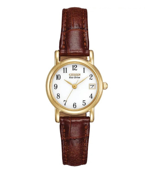 Citizen Ladies Classic Eco Drive Gold Plated White Dial Brown Leather Strap Watch  1