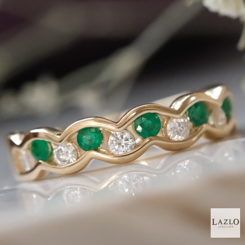 Amore 9kt Yellow Gold Wavy 0.25ct Emerald & 0.29ct Diamond Channel Set Ring 1