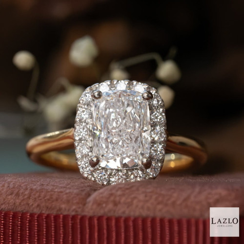 18kt Yellow Gold & Platinum Long Cushion 2.01ct D VVS2 Laboratory Diamond & Laboratory 0.26ct Diamond Halo Ring 1