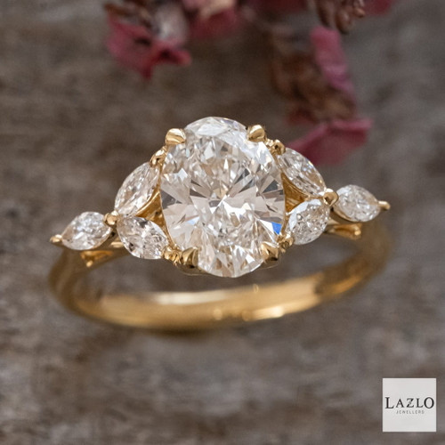 18kt Yellow Gold Oval 1.53ct D VVS2 Laboratory Diamond & 3 Marquis 0.37ct Laboratory Diamond Shoulder Ring 1