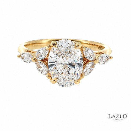 18kt Yellow Gold Oval 1.53ct D VVS2 Laboratory Diamond & 3 Marquis 0.37ct Laboratory Diamond Shoulder Ring 1