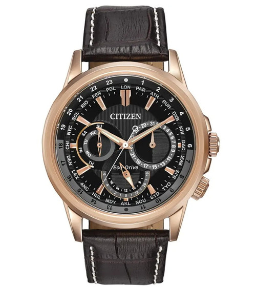 Citizen Gents Calendier Eco-Drive Rose Gold Plated Black Dial Brown Strap Watch 1
