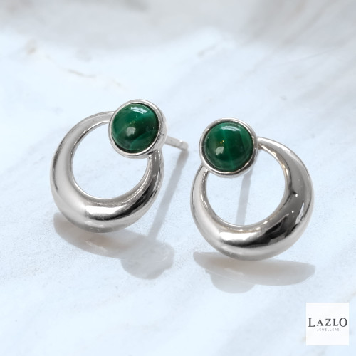 Amore Sterling Silver Open Circle Round Rubover Malachite Stud Earrings 1