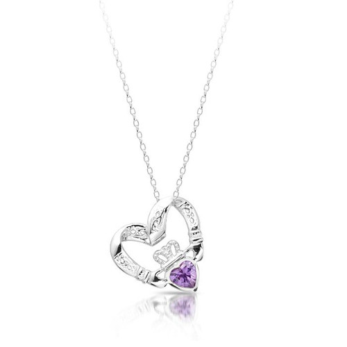 sterling silver floating heart Claddagh Necklace with faux Amethyst
