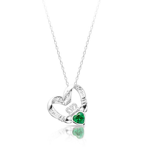 Sterling Silver Floating Heart Faux Emerald Claddagh Necklace