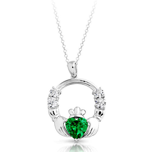 Silver Faux Emerald Heart Claddagh Pendant and Chain 1