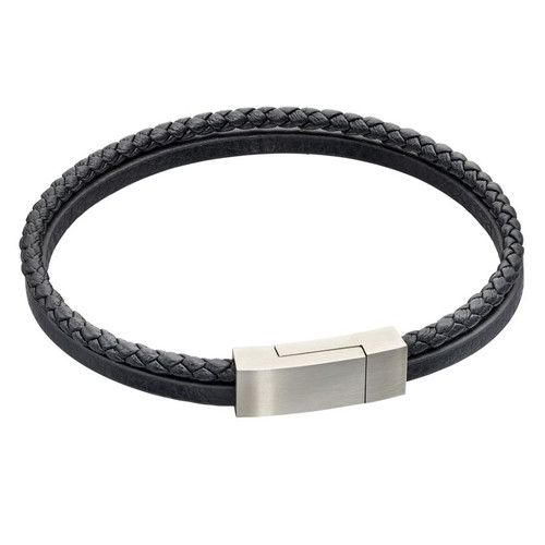 Gents Stainless Steel Double Row Magnetic Clasp Leather Bracelet