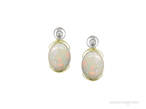 Sterling Silver Gold Plated Oval Rubover Opal & CZ Earrings 1