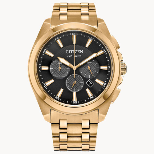 Gents Citizen Corso Sapphire Chronograph Gold Plated Black Dial Bracelet Watch 1