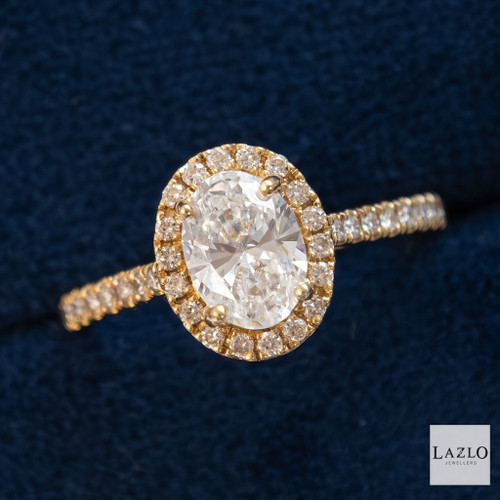 18kt Yellow Gold 1ct E VS2 Oval Laboratory Diamond Ring & 0.27ct Natural Diamond Halo Shoulders Engagement Rings 1 18kt Yellow Gold 1ct E VS2 Oval Laboratory Diamond Ring & 0.27ct Natural Diamond Halo Shoulders Engagement Rings 1
