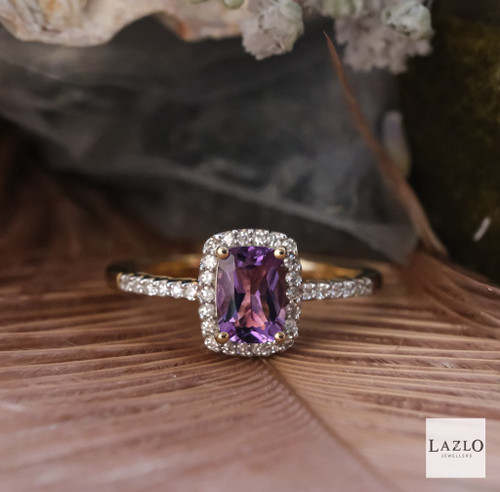 9kt Yellow Gold Long Cushion Shape Amethyst Diamond Dress Ring