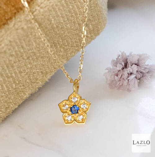 9kt Yellow Gold Small Sapphire CZ Flower Pendant & Chain