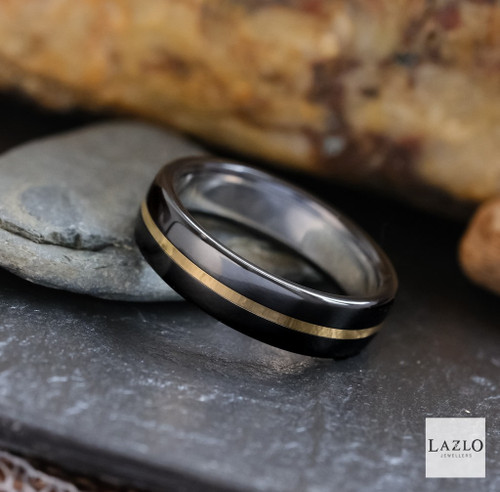 Zedd Duo 6mm Zirconium Polished 9kt Yellow Gold Line & Silver Inlay Wedding Ring 1