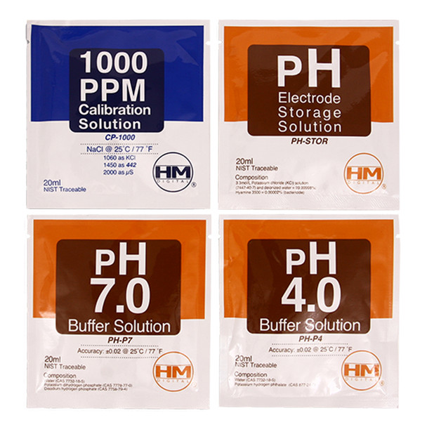 HM Digital 20 pack mix of 1000 ppm TDS, pH 4, pH7, pH