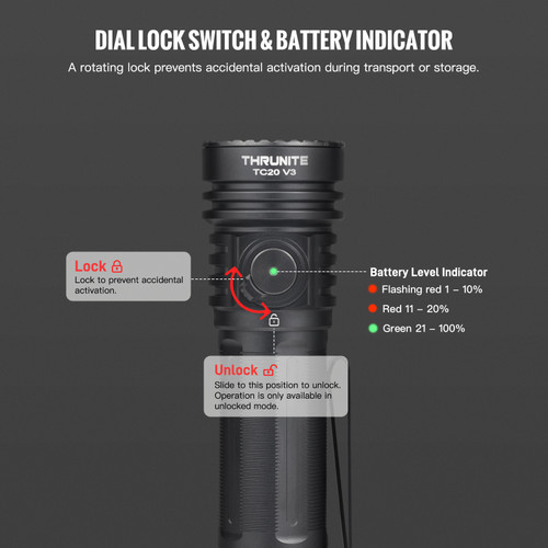 thrunite TC20 V3 rechargeable light with lock function to prevent inadvertent activation 