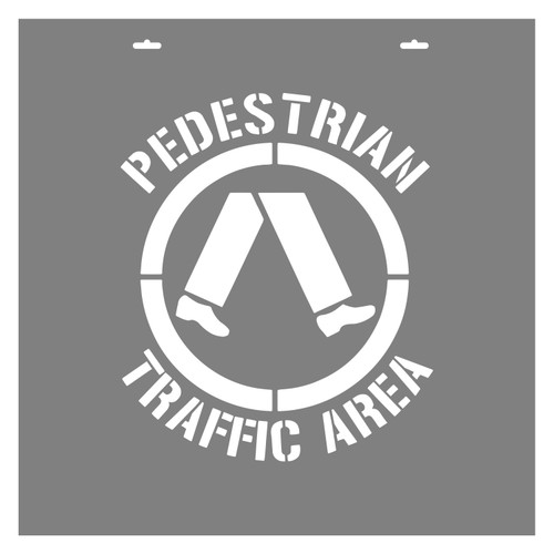 STENCIL "PEDESTRIAN TRAFFIC AREA" + Symbol, 410mm High, ALUMINIUM, (580mm x 580mm)