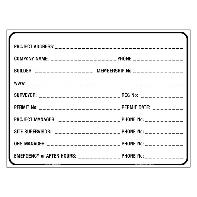 "CONSTRUCTION SIGN SITE DETAILS", CORFLUTE, (600mm x 450mm)