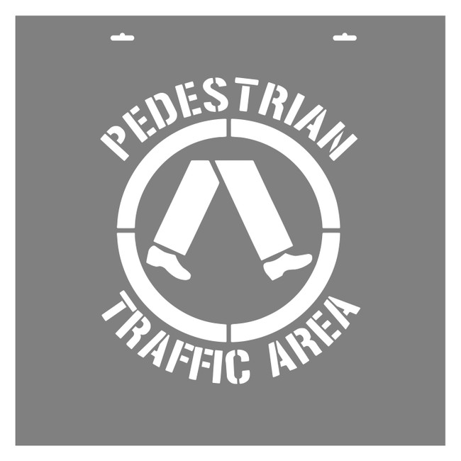 STENCIL "PEDESTRIAN TRAFFIC AREA" + Symbol, 410mm High, 2mm, POLY, (580mm x 580mm)