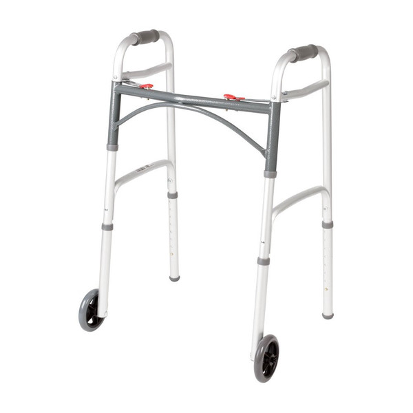 Deluxe Folding Walker, Two Button Release, with 5" Wheels, Adult