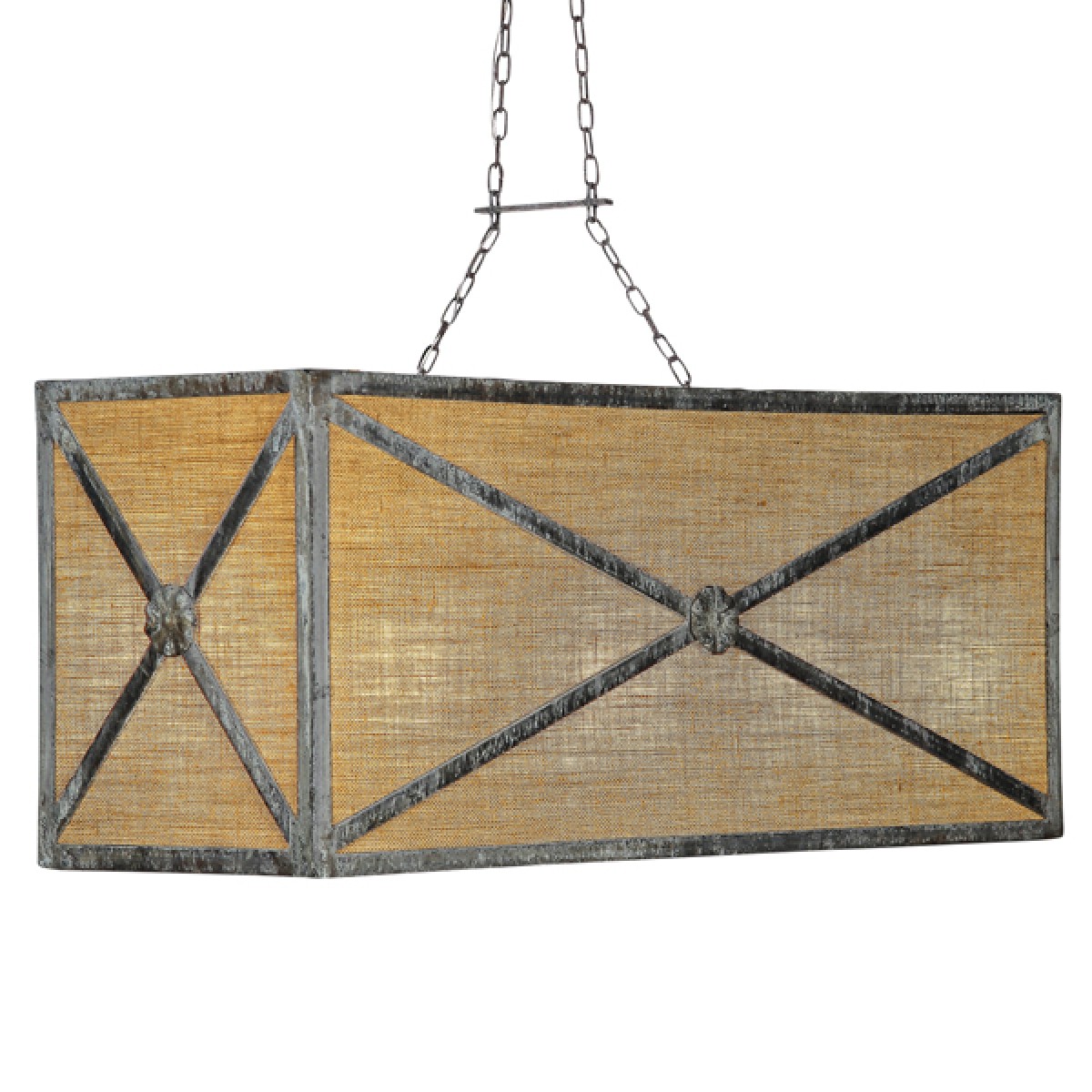 French Iron Linen Medallion Rectangular Chandelier 6 Light