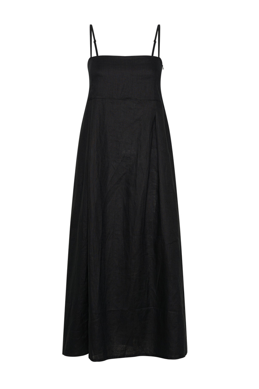 Midi Slip Dress with Box Pleats in Black | Bohemian Traders