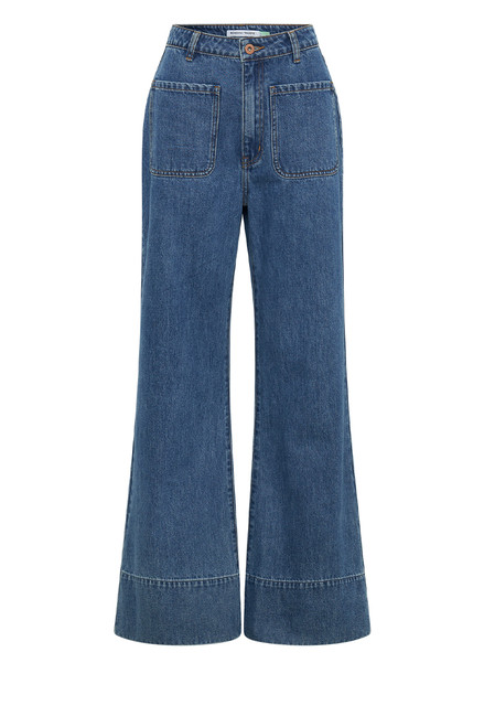 Flared Jean with Patch Pocket in Mid Blue Wash Denim - Bohemian Traders