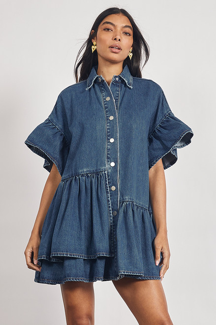 Denim Genoa Mini Dress in Mid Blue