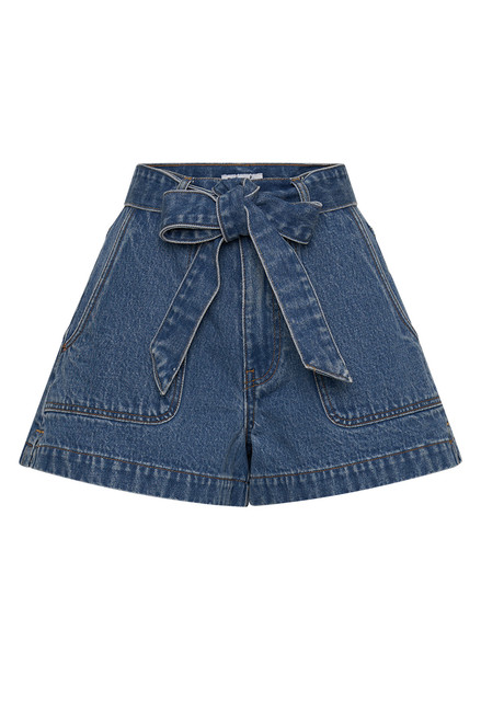 Tailored Patch Pocket Flare Short in Mid-Blue
