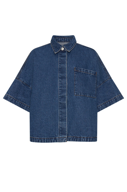 Short Sleeve Oversized Denim Shirt In Mid Blue