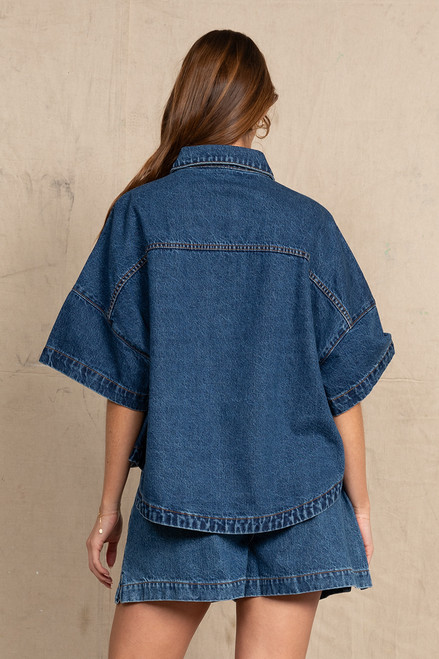 Short Sleeve Oversized Denim Shirt In Mid Blue