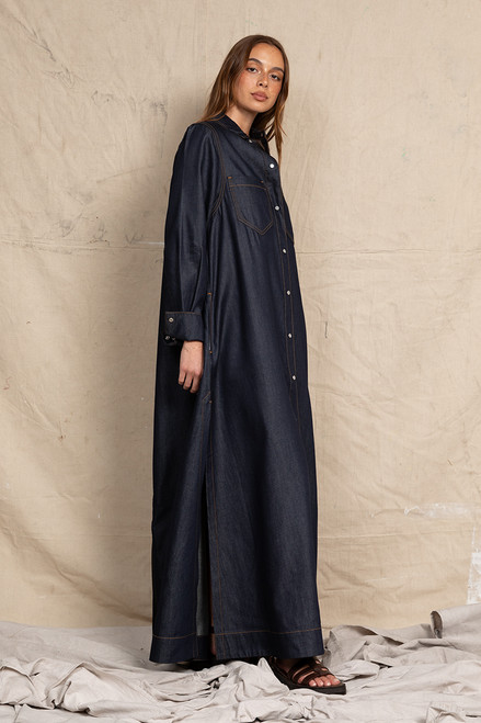 Denim Maxi Shirt Dress in Indigo