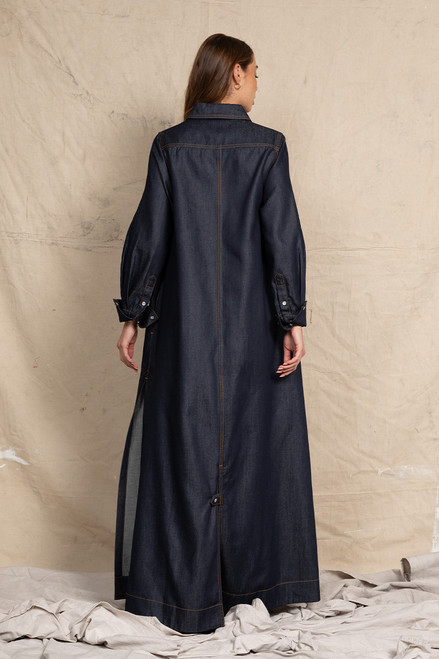 Denim Maxi Shirt Dress in Indigo