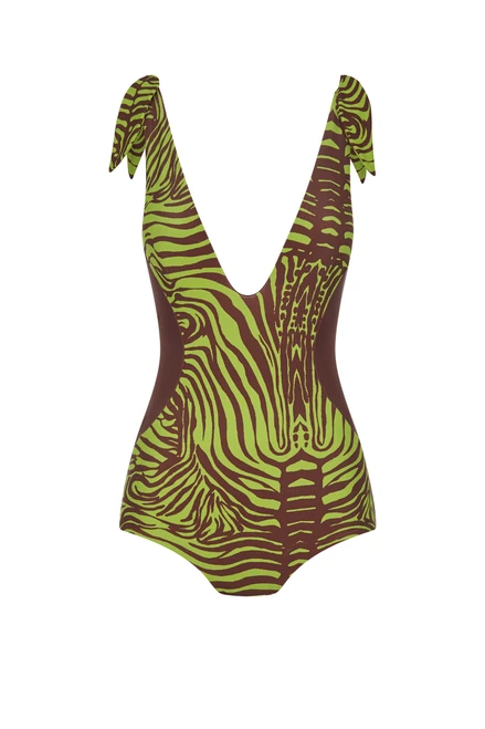 Bold, flattering, and comfortable, this boy-leg swimsuit features plunging front and back V necklines, tie shoulder straps, and supportive lining in a signature zebra print. Belted at the waist, it is fully lined and designed to move with you.