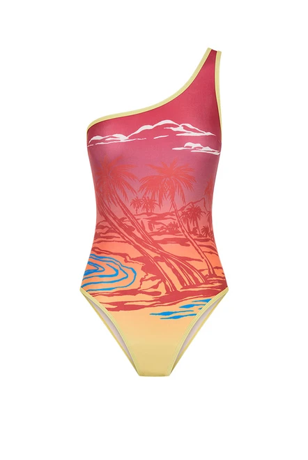 The Kai One Shoulder Onesie is crafted from premium matte spandex in Bohemian Traders’ custom ombré print, designed to sculpt and flatter every curve. Fully lined for support and comfort, this modern silhouette redefines confidence in motion. A size-inclusive essential, pair it with the Balmy Palms Sarong for a complete resort look infused with sunlit sophistication.