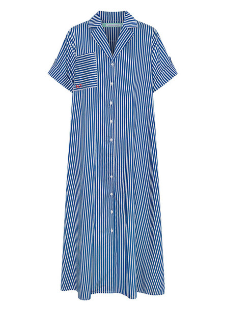 A reinvention of our best-selling Opera Shirt Dress, this new-season update arrives in a soft Rayon–Tencel blend with short sleeves and a camp collar, reimagined for high summer. Refined red Bohemian Traders embroidery adorns the chest, while the fluid stripe fabric and relaxed tailoring offer effortless versatility — the perfect balance of structure and ease.