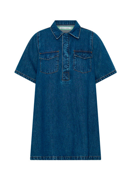 Relaxed yet refined, the Swing Denim Mini Dress is your everyday uniform—reimagined in heavyweight premium cotton denim. Its A-line, boxy silhouette offers an intentionally oversized fit, balanced by sharp details like a classic collar, dropped shoulders, and short sleeves.